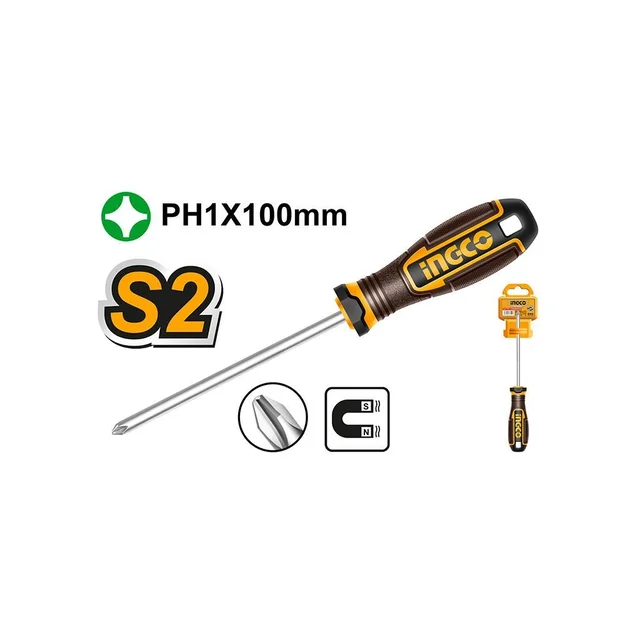 INGCO HSDPH1100 PH1 Phillips Screwdriver | 100mm Magnetic S2 Blade | 5mm Round Shank | Ergonomic Handle