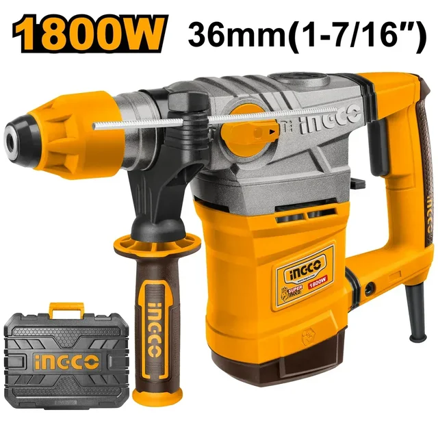 INGCO RH18008 1800W SDS Plus Rotary Hammer Drill | 850 RPM | 4200 BPM | 7J Impact Energy | 36mm Concrete Capacity | Double Anti-Vibration | 3 Drills & 2 Chisels