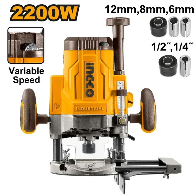 INGCO RT22008 2200W Wood Router | 14000-20000 RPM Variable Speed | 0-60mm Plunge Capacity | 6/8/12mm & 1/4"/1/2" Collets | Router Guide Set