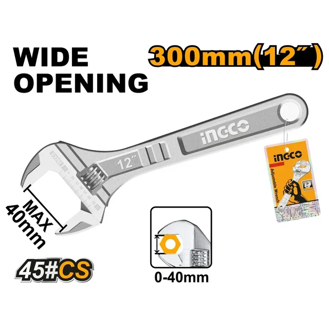 INGCO HADW131122 12 Inch Adjustable Wrench | 300mm | 40mm Wide Opening | 2-35mm Adjustable Jaw