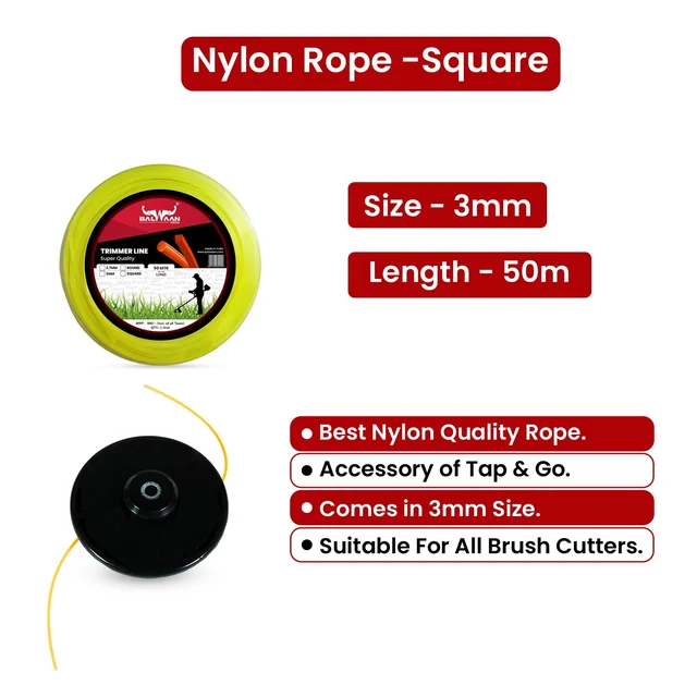 Balwaan Krishi Balwaan NRS-350 Yellow Brush Cutter Nylon Rope | Square Nylon Trimmer Line For Agricultural & Gardening Brush Cutters | Grass Cutting & Weed Clearing Accessory | MTAK-SP-BR-906