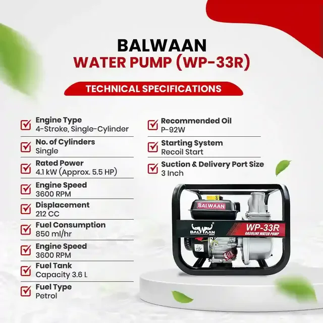 Balwaan Krishi Balwaan WP-33R Premium Water Pump 3x3 Inch 4 Stroke Petrol Engine with Oil Alert, Square Frame, Tool Kit & User Manual - MTAK-EN-WA-4973