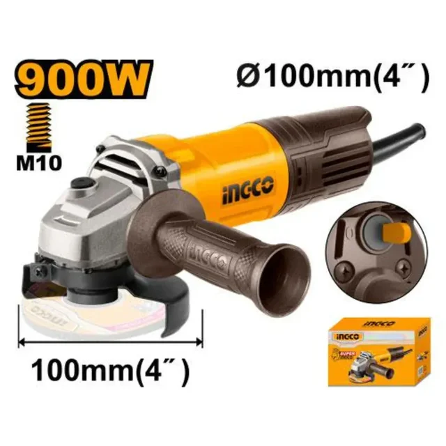 INGCO AG900282 900W Angle Grinder | 12000 RPM | 100mm Disc | M10 Spindle Thread | Auxiliary Handle | Electric Metal Grinder