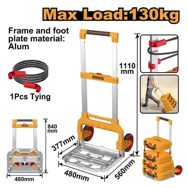 INGCO HHWB61201 Foldable Hand Truck | 130kg Max Load | Aluminum Frame | 175mm PP+TPR Wheels