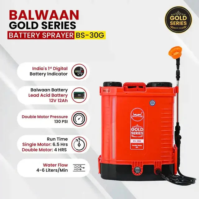 Balwaan Krishi Balwaan BS-30G Gold Series Battery Sprayer with 12x12 Heavy Battery, 4 Nozzles, Extendable Lance, Gun, 3-Way Lance, LED Bulb, Digital Voltmeter & User Manual - MTAK-BA-SP-5488