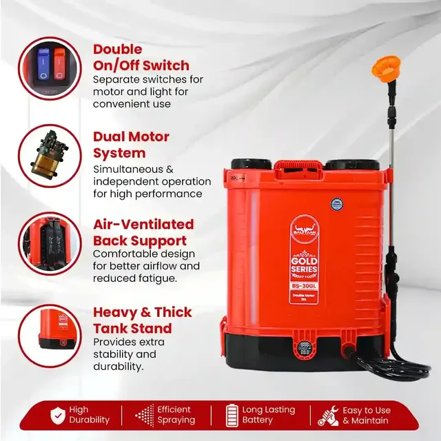 Balwaan Krishi Balwaan BS-30GL Gold Series Lithium Ion Battery Sprayer 12x12 Heavy Battery with 4 Nozzles, Extendable Lance, Spray Gun, 3-Way Lance, LED Bulb & Digital Voltmeter - MTAK-BA-SP-5590