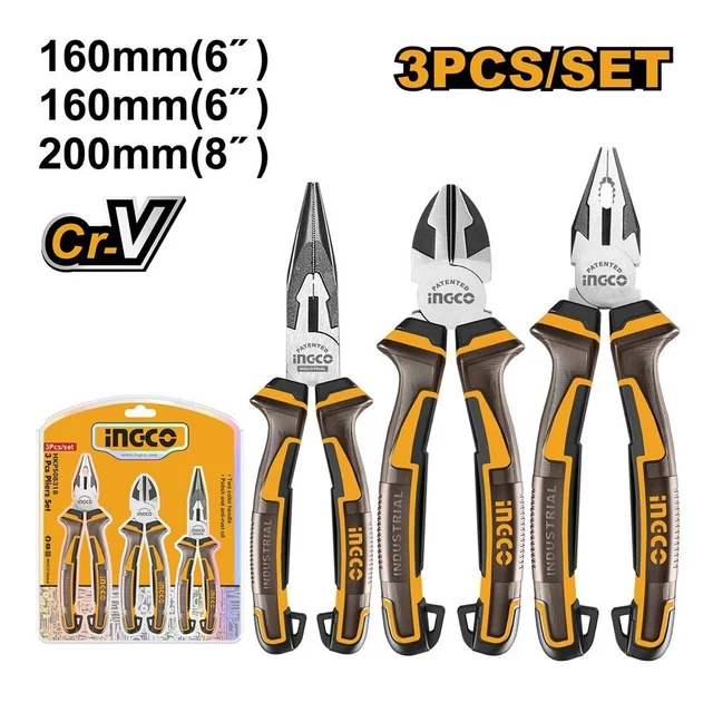 INGCO HKPS28318 3-Piece Pliers Set | 8" Combination, 6" Long Nose & 6" Diagonal Cutting Pliers | Cr-V Steel