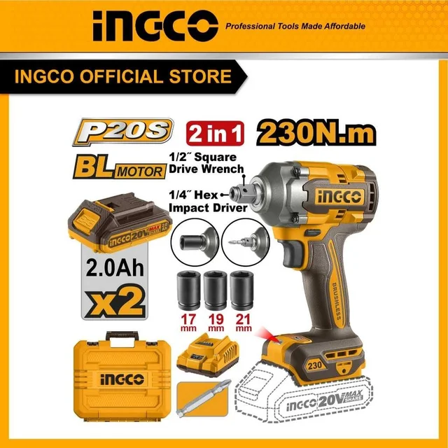 INGCO CIWLI20236 20V Brushless Cordless Impact Wrench | 230Nm Max Torque | 3-Speed 0-2000/2400/2600 RPM | 1/2" Square Drive | LED Work Light | Socket Set Included