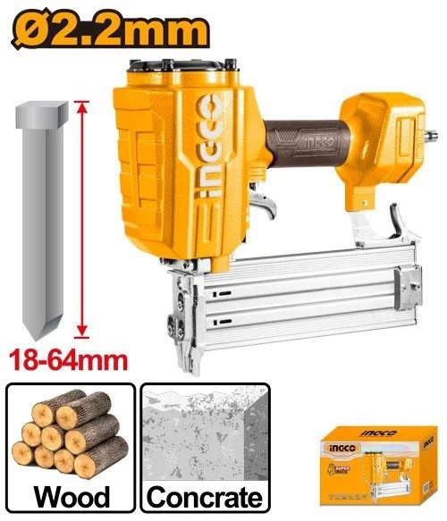INGCO ACN18641 18-64mm Pneumatic Nail Gun | 70-Nail Capacity | 2.2mm Nail Diameter | 5-8 Bar (75-116 PSI) | Professional Air Nailer