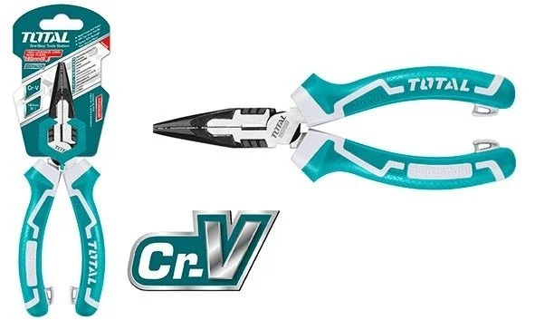 Total Tools TOTAL TOOLS High Leverage Long Nose Pliers 6"/160mm, Cr-V Steel, Black Finish & Polished Surface with TPR Two-Color Handle (30% Force Saving) - THT220606S
