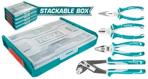 Total Tools TOTAL TOOLS 4-Piece Pliers Set (8" Combination Pliers, 7" Diagonal Cutting Pliers, 6" Long Nose Pliers, and 10" Pump Pliers) in Stackable Plastic Box - THKTV02P041