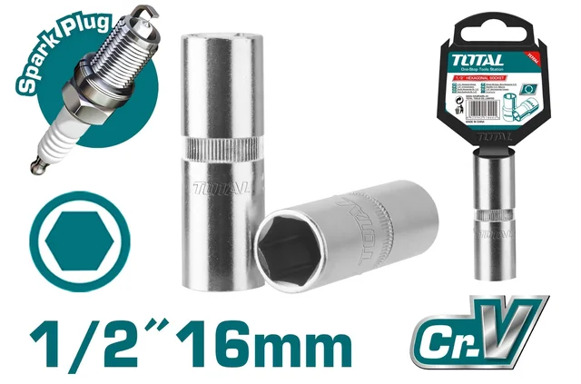 Total Tools TOTAL TOOLS 1/2 Inch Drive 16mm Spark Plug Socket, 50BV30 Steel, Heat Treated, Chrome Plated - THSPS12166