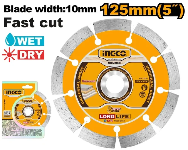 INGCO DMD011252 5 Inch Diamond Cutting Blade | 125mm x 22.2mm | 10mm Blade Width | Wet & Dry Stone Cutting
