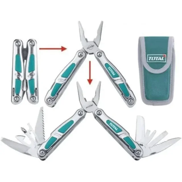 Total Tools TOTAL TOOLS 15-in-1 Foldable Multi-Function Tool with Stainless Steel Construction, Soft Rubber Grip, and Nylon Belt Pouch (155mm Overall / 100mm Closed) - TFMFT01151