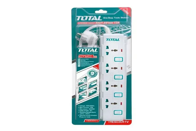 Total Tools TOTAL TOOLS 4-Way 13A Extension Socket (3m Cable, $3 times 1.25text{mm}^2$) with Overload Protection, 4 Separate Switches, and Copper Wire Construction - THES03041V