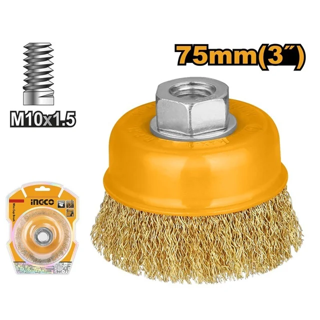 INGCO WB10752 75mm 3" Wire Cup Brush | M10x1.5 Thread | 0.3mm Wire | 12500 RPM | Deburring & Paint Removal