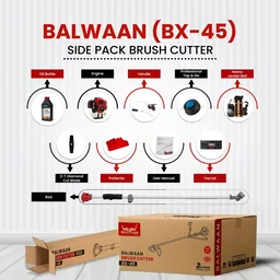 Balwaan Krishi Balwaan BX-45 Professional Side Pack Brush Cutter 41.5cc 2 Stroke Petrol Engine with 2T Blade, Trimmer Head, Single Shaft, Jacket Belt, Heavy Gear Head & Tool Kit - MTAK-EN-BR-6029