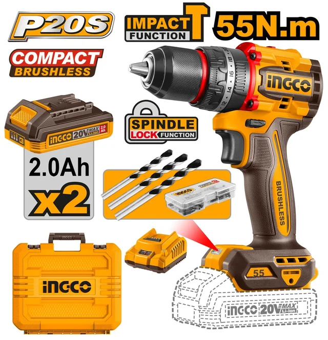 INGCO CIDLI20558 20V Cordless Impact Drill Driver | 55Nm Max Torque | 30,000 BPM | 2-Speed 0-500/0-2000 RPM | 13mm Metal Chuck | LED Battery Indicator
