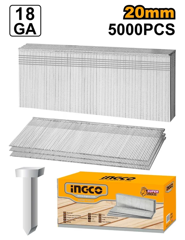 INGCO ANA18201 20mm Brad Nails 5000-Piece Box | Ga18 | 1.25x1.0mm | Pneumatic & Cordless Nailer Compatible