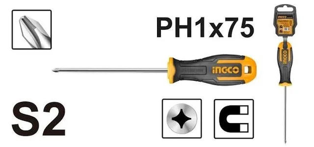 INGCO HS68PH1075 PH1 Phillips Screwdriver | 75mm S2 Steel Blade | 5mm Round Shank | Professional Screwdriver