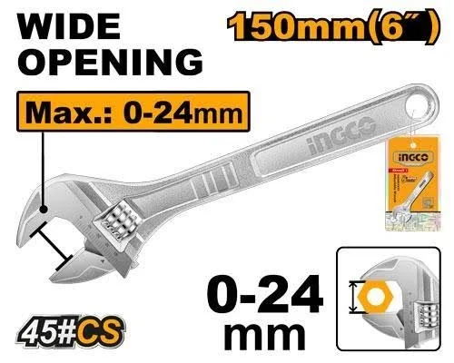 INGCO HADW131062 6 Inch Adjustable Wrench | 150mm | 24mm Wide Opening | 0-19.2mm Adjustable Jaw