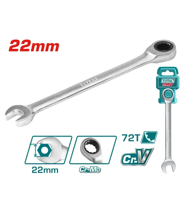 Total Tools TOTAL TOOLS Ratchet Spanner 22mm, Length 290mm, Chrome-Plated Cr-V Steel with Matt Finish - TCSPAR221
