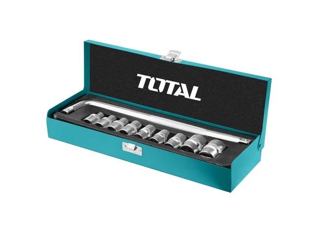 TOTAL TOOLS 10-Piece 1/2" Socket Set (9 Sockets: 10-24mm, 1 250mm L-Bar) in Heat-Treated Cr-V 50BV30 Steel with Chrome-Plated Finish and Metal Box -THTL121101