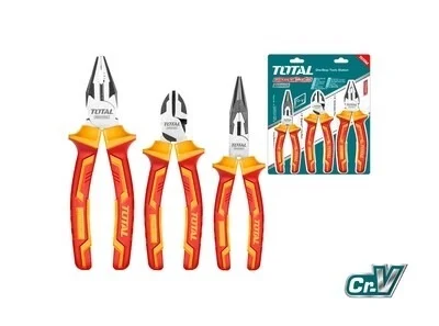 Total Tools TOTAL TOOLS 3-Piece 1000V Insulated Pliers Set (8" Combination Pliers, 6" Long Nose Pliers, and 6" Diagonal Cutting Pliers) in Cr-V Steel with Black Finish, Polish, Two-Color Handle, and PP Hanger - THT2K0302
