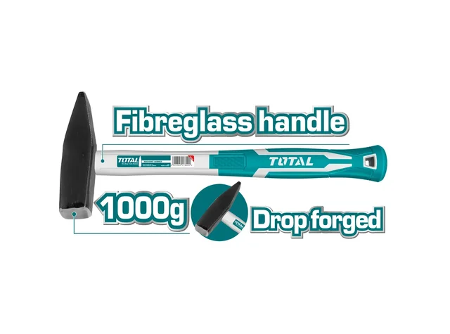 Total Tools TOTAL TOOLS Machinist Hammer 1000g with Heat-Treated Drop-Forged 45# Carbon Steel Head and TOTAL Style Fiberglass Handle � THT7110006