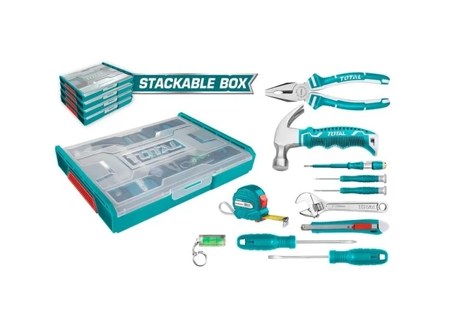 Total Tools TOTAL TOOLS 11-Piece Household Tool Set (Mini Claw Hammer, 7" Combination Pliers, 6" Adjustable Wrench, Voltage Tester, 3M Tape Measure, Utility Knife, Screwdrivers, Precision Screwdrivers, and Spirit Level) in Stackable Plastic Box - THKTV02H111