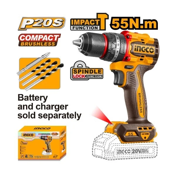 INGCO CIDLI205581 20V Cordless Impact Drill Driver | 55Nm Max Torque | 30,000 BPM | 2-Speed 0-500/0-2000 RPM | 13mm Metal Chuck | Spindle Lock | LED Work Light