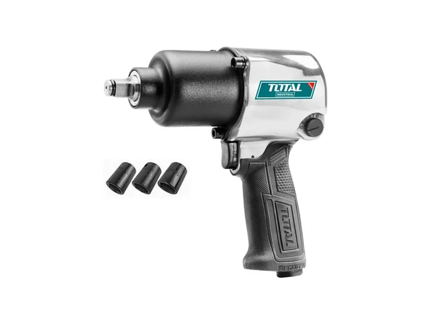 Total Tools TOTAL TOOLS TAT40122 Air Impact Wrench 1/2 Inch (12.5mm) Square Drive, 7000 RPM No-Load Speed, 610Nm (450 ft-lb) Maximum Torque, Twin Hammer Mechanism, Pneumatic Impact Gun with 17mm, 19mm and 21mm Sockets, 4 Air Connectors, 90 PSI Operating Pressure