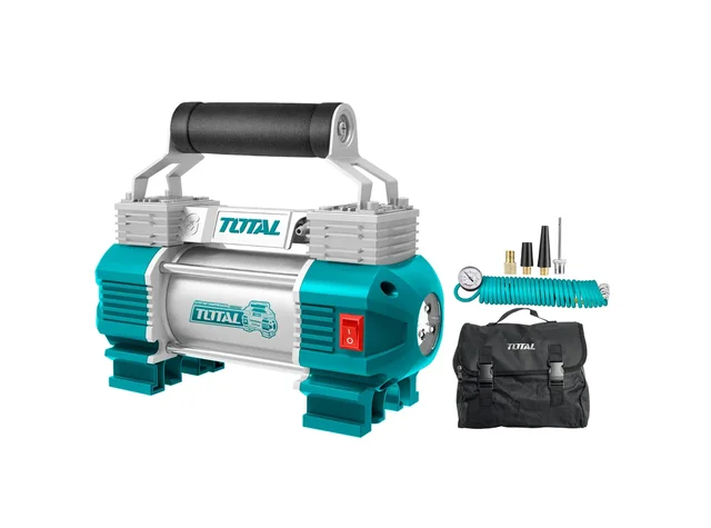 Total Tools TOTAL TOOLS TTAC2506 Heavy-Duty 12V Auto Air Compressor with LED Light, 120 PSI Maximum Pressure, 18A Rated Current, Dual Cylinder Design, 5m Air Hose with Brass Quick-Release Adapter, 120 PSI Pressure Gauge, 3m Battery Clip Power Cord, Canvas Storage Bag