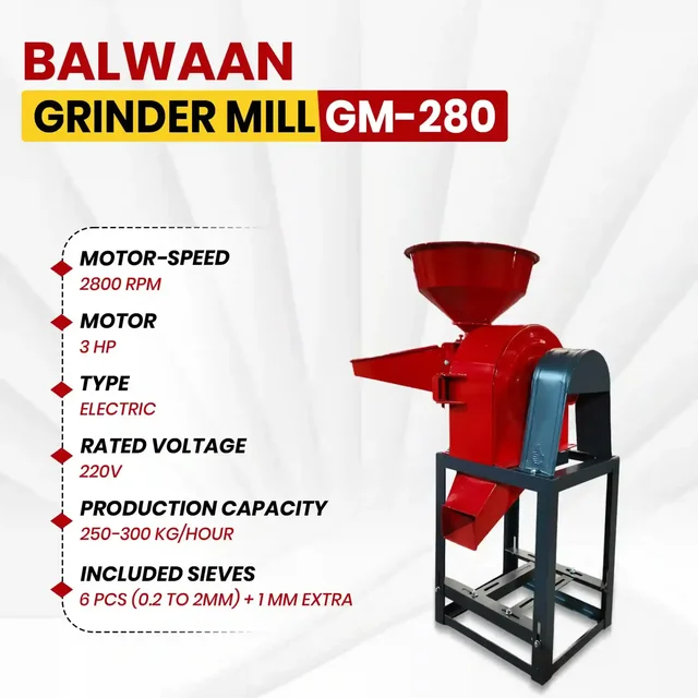 Balwaan Krishi Balwaan GM-280 Iron Grinder Mill With 3 HP Motor | 2800 Rpm Motor Operated Grain & Food Grinder Machine | Copper Winding Motor With Flow Adjuster For Efficient Grinding | Heavy-Duty Multi-Purpose Agricultural Grinder Mill With User Manual | Mtak-El-Po-6930