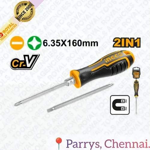 INGCO AKISD0201 2-in-1 Screwdriver | PH2 & SL6 | 6.35x160mm CR-V Shank | Interchangeable Handle