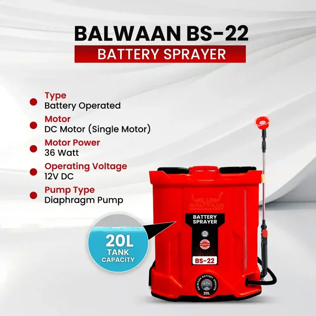 Balwaan Krishi Balwaan BS-22 Battery Sprayer 20 Litre with 12x12 Battery, 4 Nozzles, 1+1 Extendable Lance, Premium Shoulder Belt, Backrest Support & Delivery Pipe - MTAK-BA-SP-721