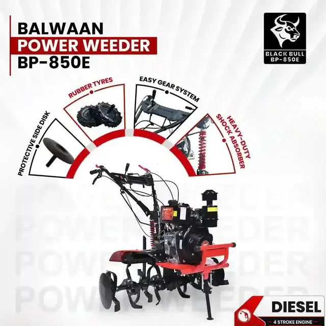 Balwaan Krishi Balwaan BP-850E Black Bull 5.5HP 4-Stroke Diesel Power Weeder & Tiller | Self-Start (SENS Battery), Mat Shocker & 32 Blades| MTAK-EN-PO-6007