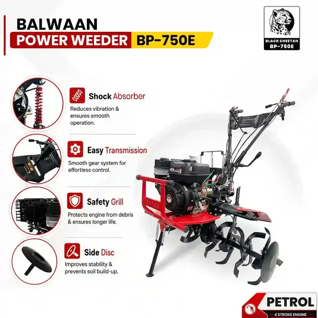 Balwaan Krishi Balwaan BP-750E Black Cheetah 7HP 4-Stroke Petrol Power Weeder & Tiller | Self-Start (SENST Battery), Mat Shocker & 32 Blades | MTAK-EN-PO-6005