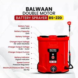 Balwaan Krishi Balwaan BS-22D Double Motor Battery Sprayer 20 Litre with 12x12 Battery, 4 Nozzles, 1+1 Extendable Lance, 45cm Spray Gun, Premium Shoulder Belt, Backrest Support & Delivery Pipe - MTAK-BA-SP-4859