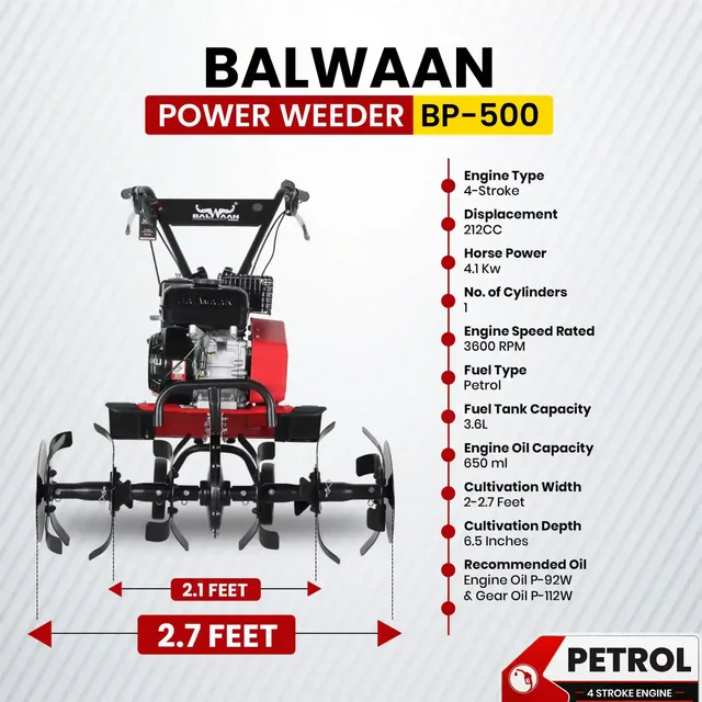 Balwaan Krishi Balwaan BP-500 Lightweight 7HP 4-Stroke Petrol Power Weeder & Tiller | Multi-Pulley Drive Technology (MPDT) with 24 Blades & Disc| MTAK-EN-PO-6031