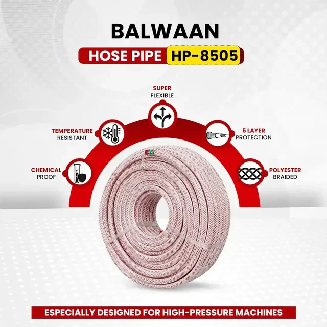 Balwaan Krishi Balwaan HP-8505 8.5Mm 50 Mtr Hose Pipe | 3 Layer Cross Braided 5 Thread Soft High-Pressure Hose For Htp Sprayers & Agricultural Pump Accessories | MTAK-AC-SP-7041