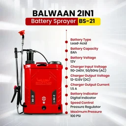 Balwaan Krishi Balwaan BS-21 2-in-1 Battery Sprayer 18 Litre with 12x8 2-in-1 Battery, 4 Nozzles, 1+1 Extendable Lance, Premium Shoulder Belt, Backrest Support & Delivery Pipe - MTAK-BA-SP-724