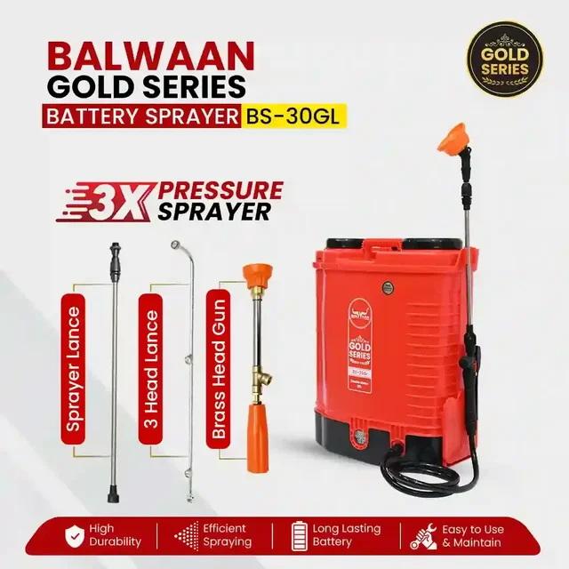 Balwaan Krishi Balwaan BS-30GL Gold Series Lithium Ion Battery Sprayer 12x12 Heavy Battery with 4 Nozzles, Extendable Lance, Spray Gun, 3-Way Lance, LED Bulb & Digital Voltmeter - MTAK-BA-SP-5590
