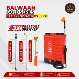 Balwaan Krishi Balwaan BS-30GL Gold Series Lithium Ion Battery Sprayer 12x12 Heavy Battery with 4 Nozzles, Extendable Lance, Spray Gun, 3-Way Lance, LED Bulb & Digital Voltmeter - MTAK-BA-SP-5590