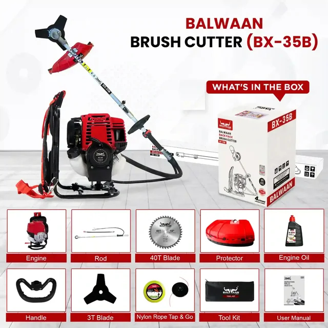 Balwaan Krishi Balwaan BX-35B Backpack Brush Cutter 35cc 4 Stroke Petrol Engine with 3T & 40T Blades, Trimmer Head, Nylon Rope Bundle, Baffle Guard & Tool Kit - MTAK-EN-BR-697