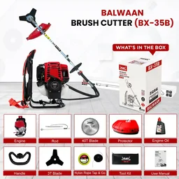Balwaan Krishi Balwaan BX-35B Backpack Brush Cutter 35cc 4 Stroke Petrol Engine with 3T & 40T Blades, Trimmer Head, Nylon Rope Bundle, Baffle Guard & Tool Kit - MTAK-EN-BR-697