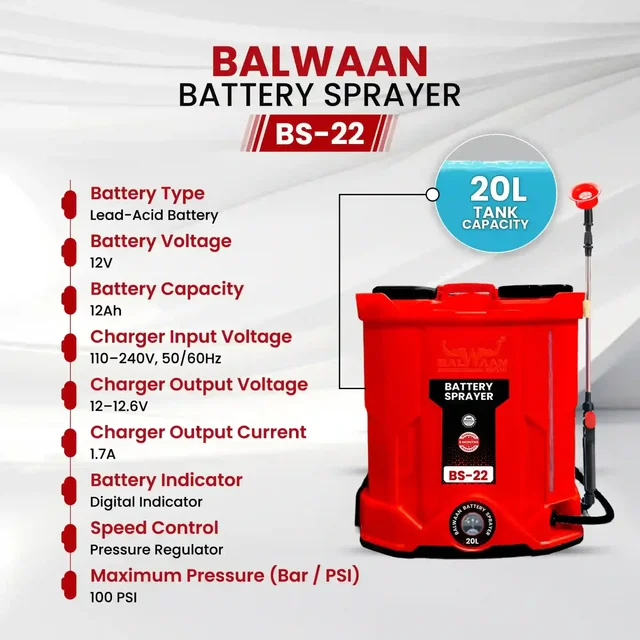 Balwaan Krishi Balwaan BS-22 Battery Sprayer 20 Litre with 12x12 Battery, 4 Nozzles, 1+1 Extendable Lance, Premium Shoulder Belt, Backrest Support & Delivery Pipe - MTAK-BA-SP-721