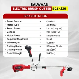 Balwaan Krishi Balwaan BCE-230 Electric Brush Cutter 1400W Motor with Bike Handle, Split Shaft, Trimmer Head for 2mm Nylon Rope, Belt & 7500 RPM - MTAK-EL-BR-7059