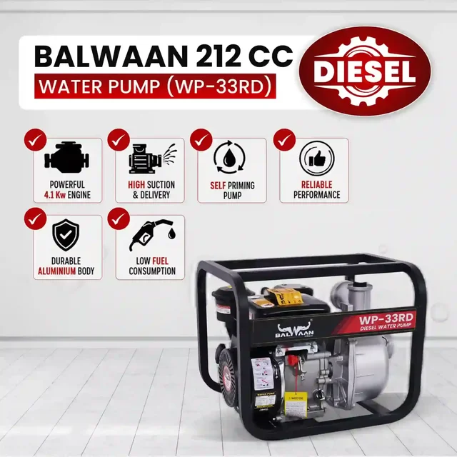 Balwaan Krishi Balwaan WP-33RD Premium Diesel Water Pump 3x3 Inch 4 Stroke Diesel Engine with Oil Alert, Square Frame, Tool Kit & User Manual - MTAK-EN-WA-6018