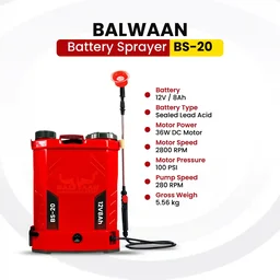 Balwaan Krishi Balwaan BS-20 Battery Sprayer 18 Litre with 12x8 Battery, 4 Nozzles, 1+1 Extendable Lance, Premium Shoulder Belt, Backrest Support & Delivery Pipe - MTAK-BA-SP-723